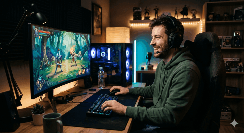 gluecklicher Mann zockt am PC gaminghardware-guide.de Sidebar 1