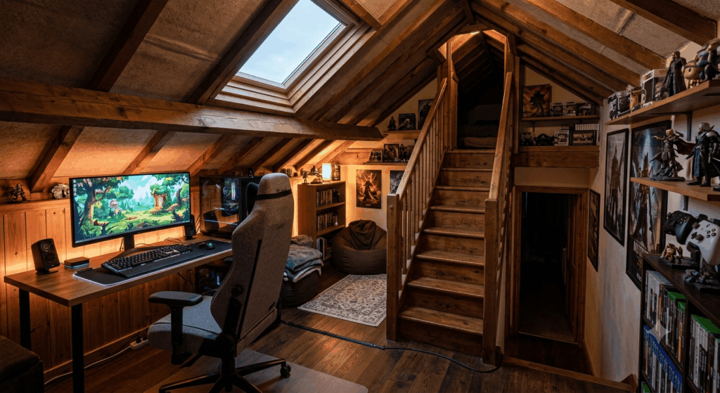 Dachboden-Gamingzimmer mit Treppe als Zugang Ein Zocker-Traum 2026