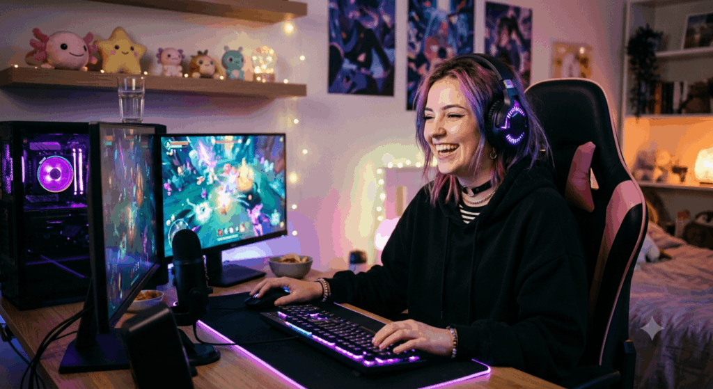 glückliche E-Girl-Streamerin Gaming Setup gaminghardware-guide.de Sidebar