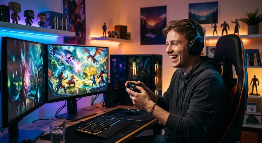 Glücklicher Gamer Gaming Zimmer gaminghardware-guide.de Sidebar